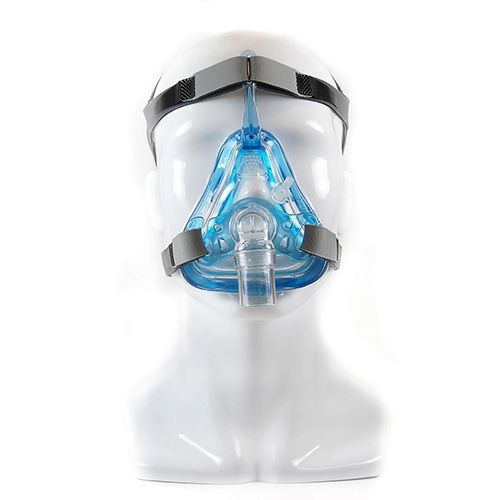 Full face CPAP gel mask with blue gel cushion and gray headgear straps shown on white mannequin head, front view