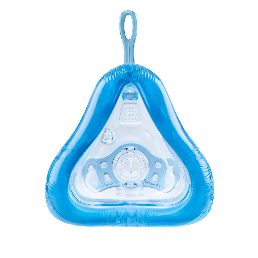 CPAP full face mask cushion with blue gel padding and clear triangular frame, front view on white background