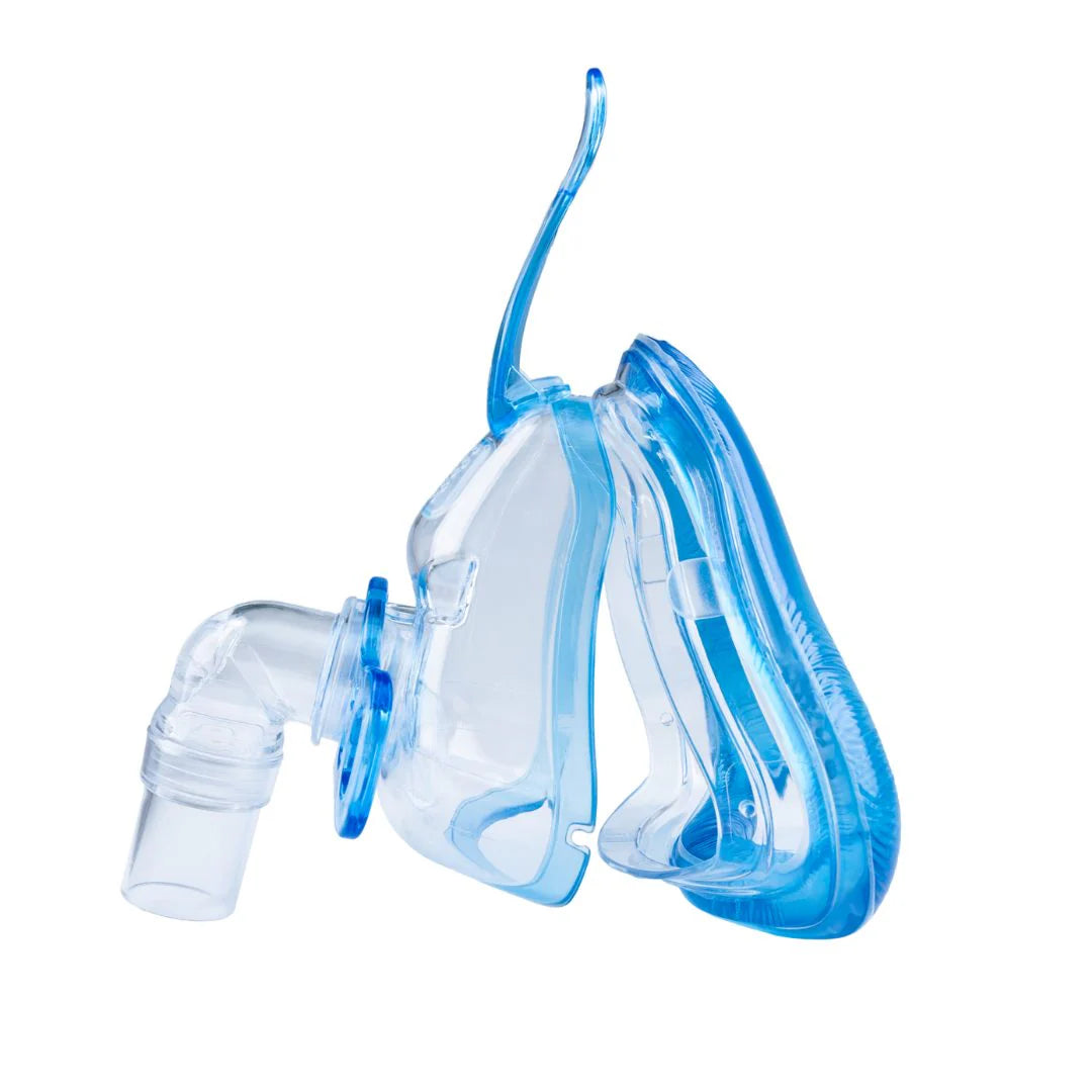 CPAP full face gel mask in clear and blue, shown disassembled with cushion, frame, and elbow connector on white background