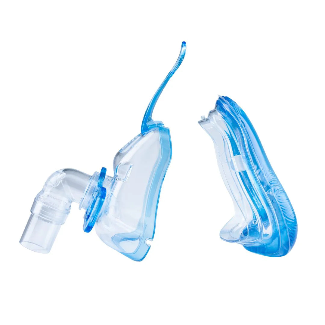 CPAP full face mask with elbow connector shown disassembled alongside blue gel cushion frame on white background