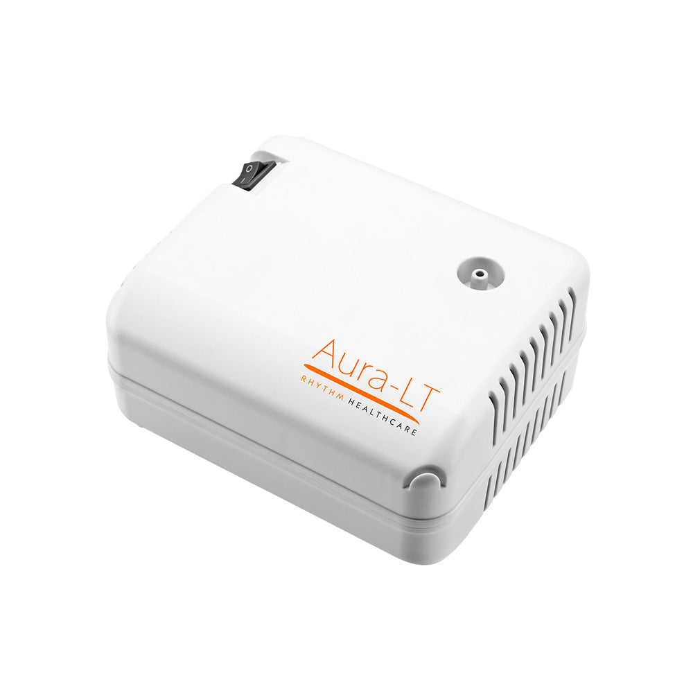Nebulizer compressor machine in white with toggle power switch, vented sides, and Aura-LT Rhythm Healthcare branding