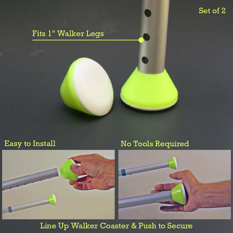 Walker coaster glides set of 2 in lime green, shown installed on walker leg and demonstrated being pushed on by hand
