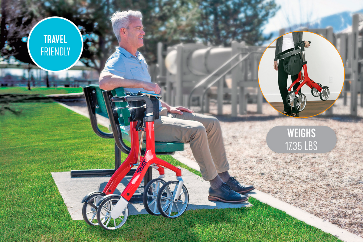 Rollator with red aluminum frame parked beside a park bench with a man seated, and inset showing it folded compactly