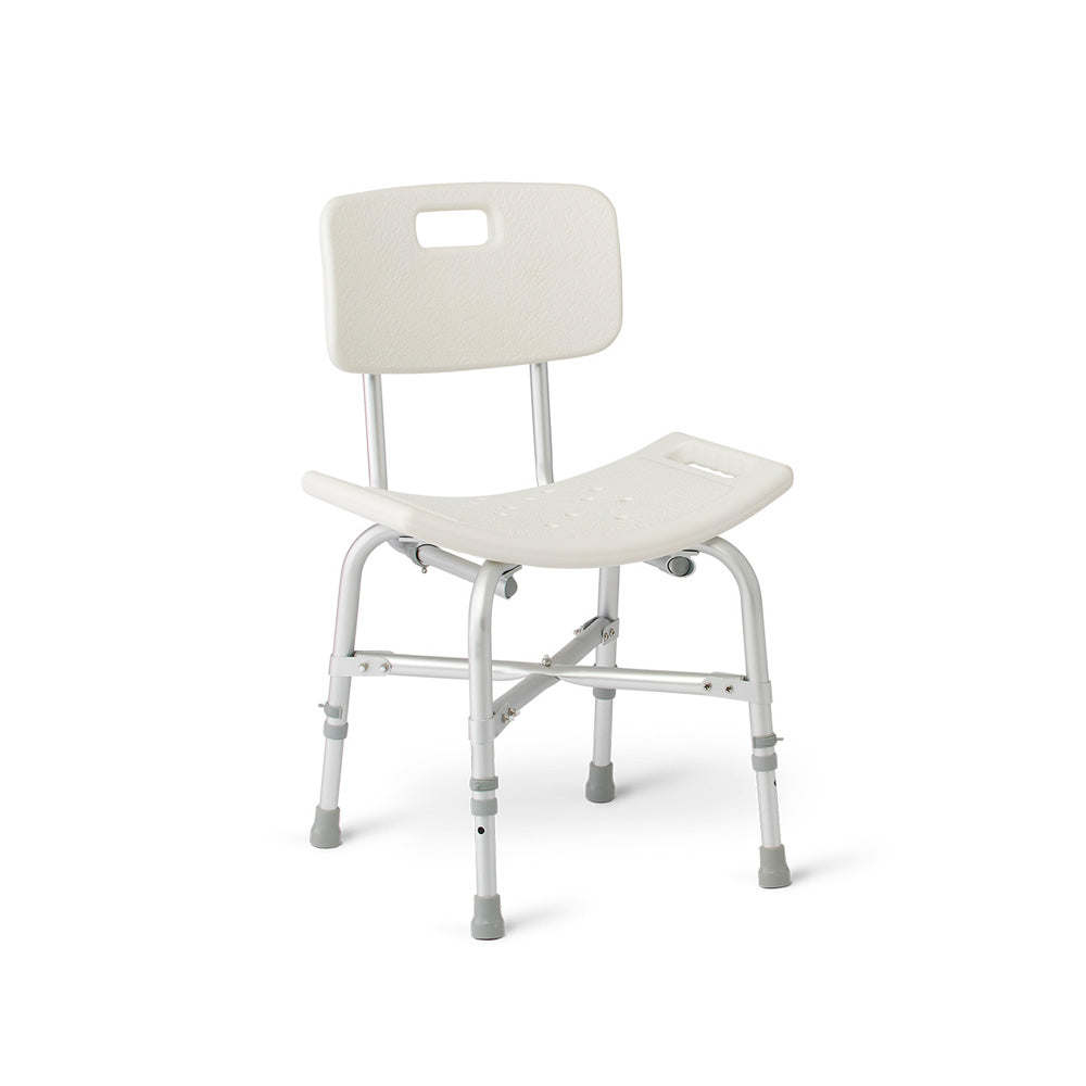 Bariatric shower chair with white plastic seat and backrest, aluminum cross-brace frame, and adjustable legs with gray