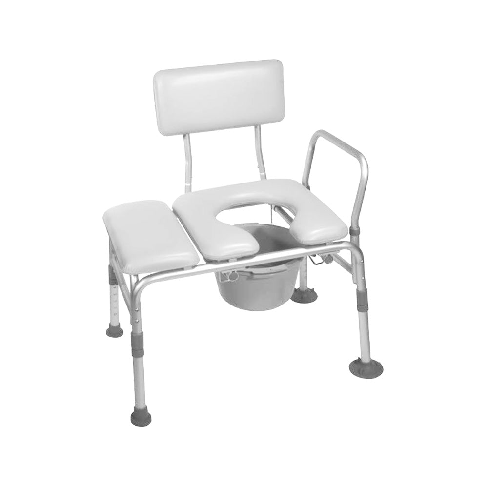Padded transfer bench with commode opening, bucket, padded backrest, and armrest on aluminum frame with adjustable legs