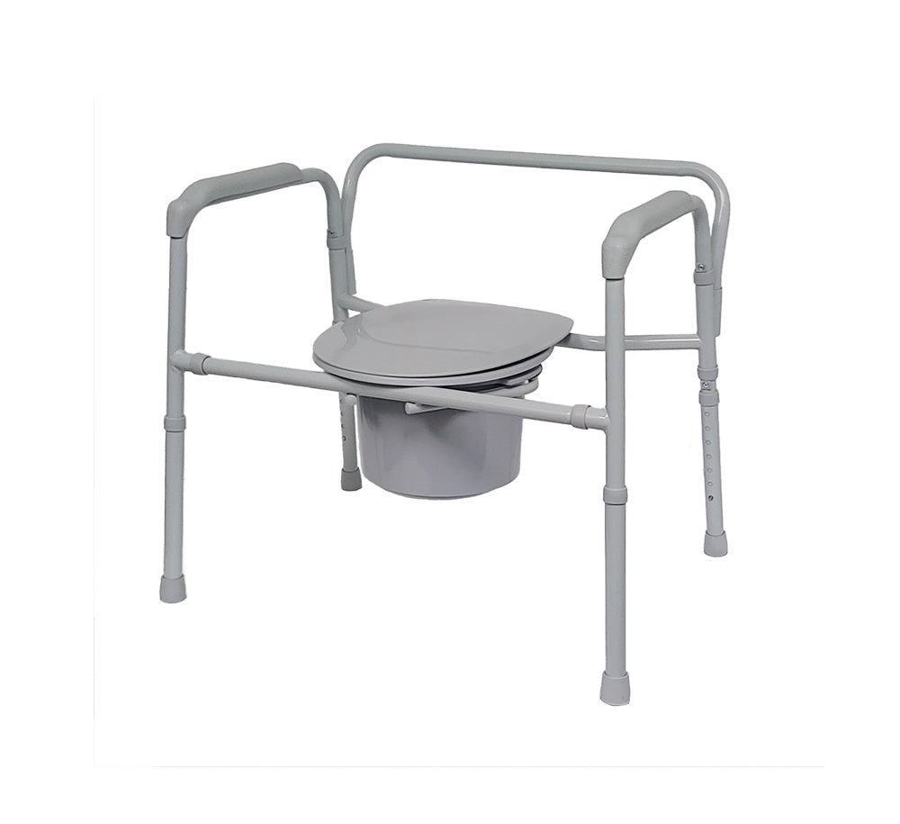 Bariatric folding steel commode with elongated seat, lid, collection bucket, armrests, and adjustable legs in gray finish