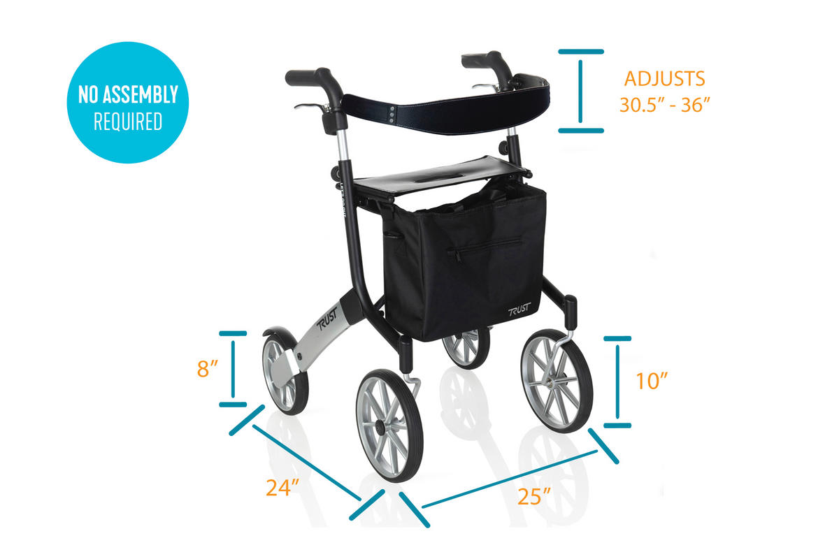 Rollator walker with four wheels, padded seat, black storage bag, and dimension callouts shown on white background