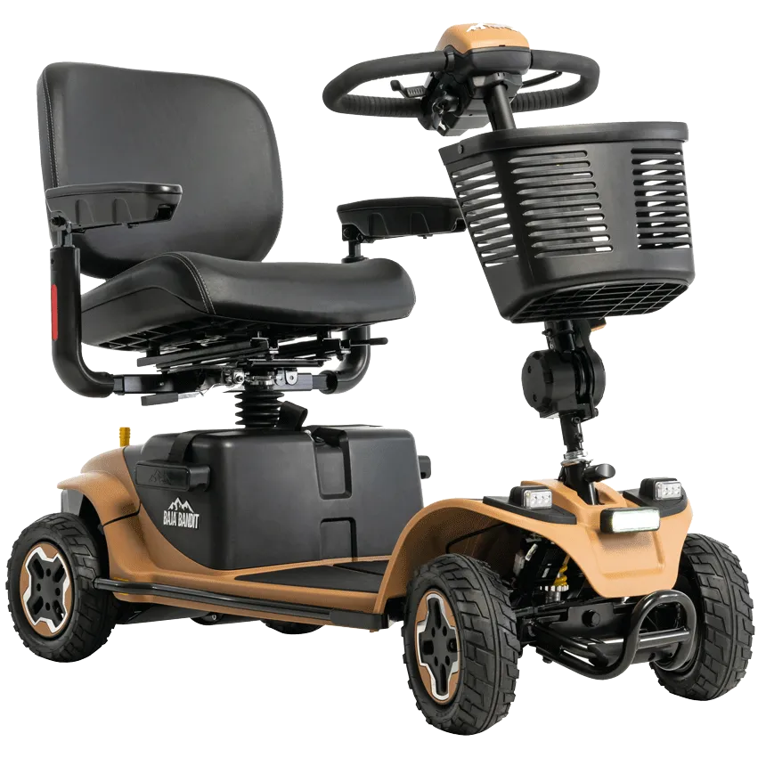 4-wheel mobility scooter in tan with black padded seat, tiller steering, front basket, headlights, and rugged all-terrain