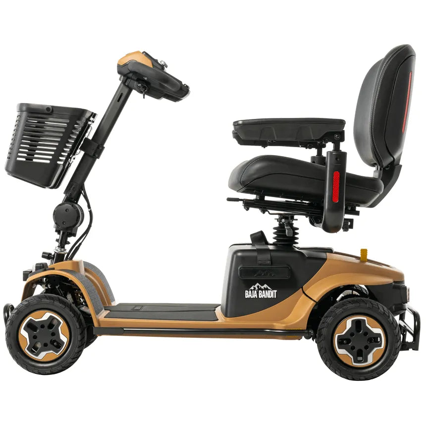 Baja Bandit 4-wheel mobility scooter in gold and black with padded seat, tiller, front basket, and rugged tires, side view