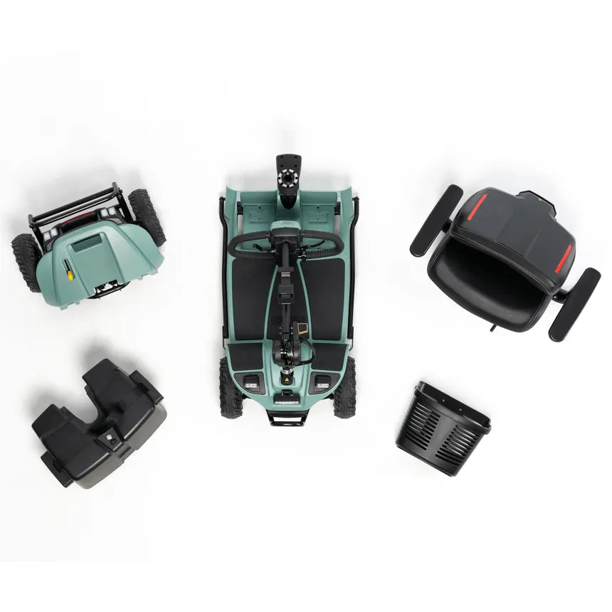 Power mobility scooter in teal shown disassembled from above, with seat, battery packs, basket, and body sections separated