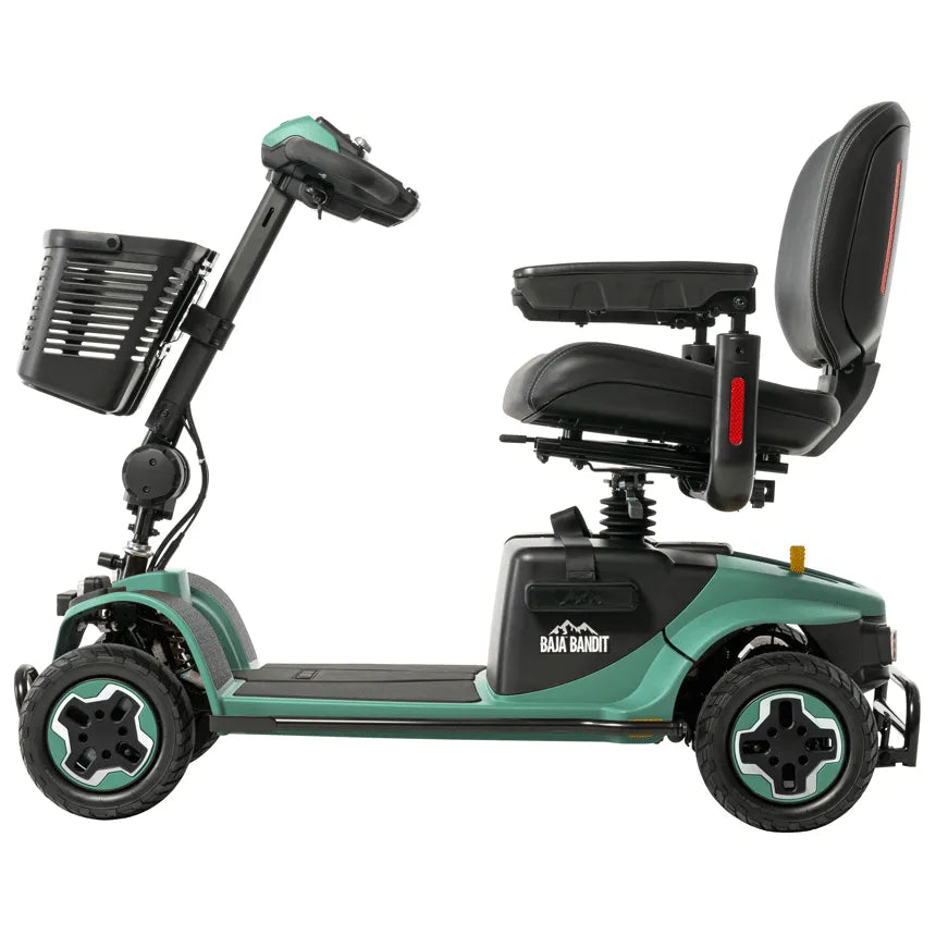 Baja Bandit 4-wheel mobility scooter in teal with black seat, tiller, front basket, and all-terrain wheels, side view