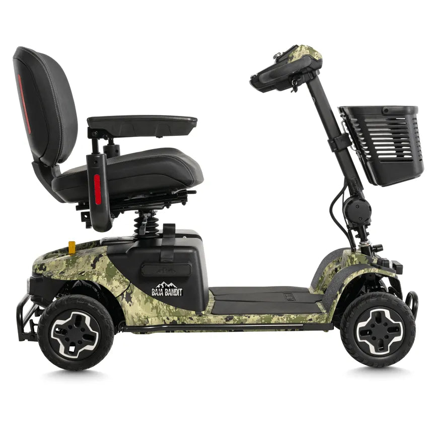 Baja Bandit 4-wheel mobility scooter in digital camo pattern with black seat, armrests, tiller, and front basket, side view