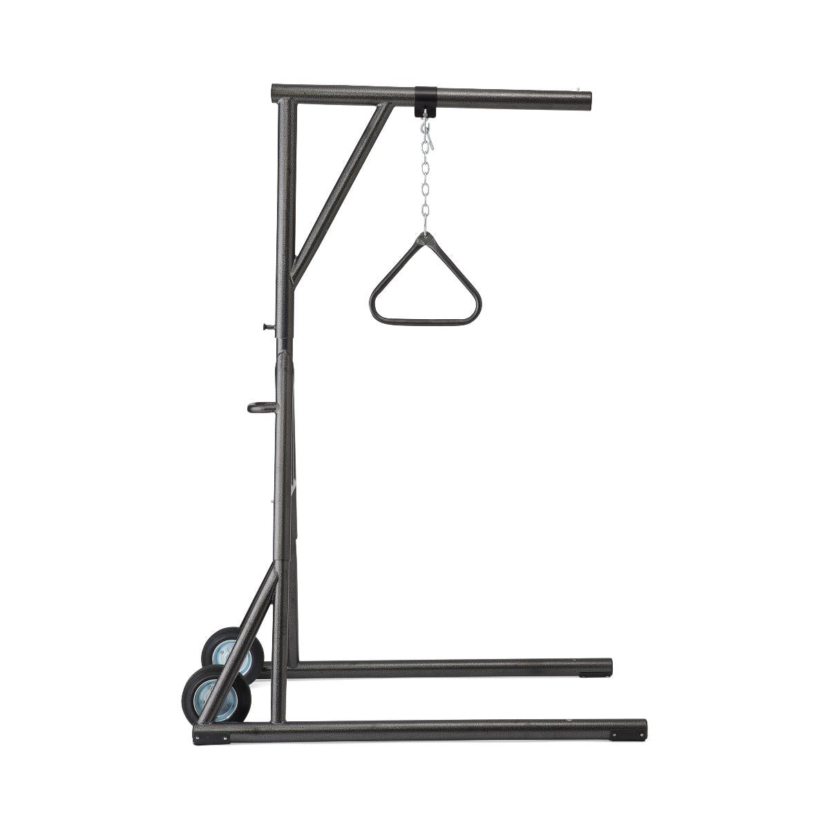 Freestanding bariatric trapeze bar with chain, triangle grab handle, adjustable height frame, and rolling wheels on dark