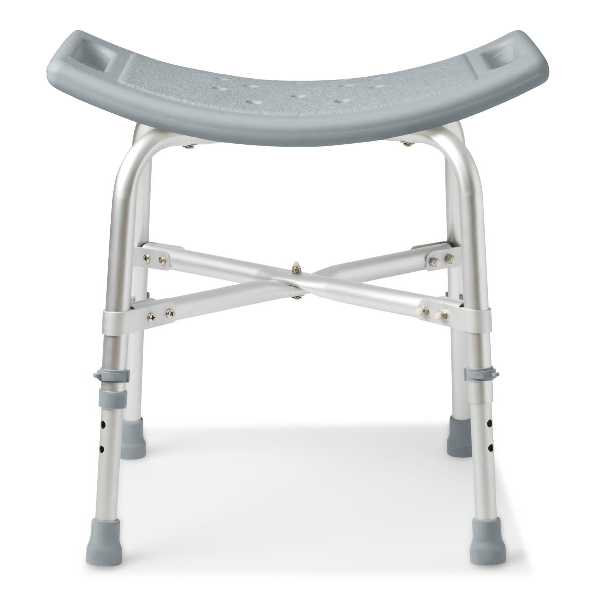 Bariatric bath bench with gray curved perforated seat, aluminum frame, cross brace, and adjustable legs with rubber tips