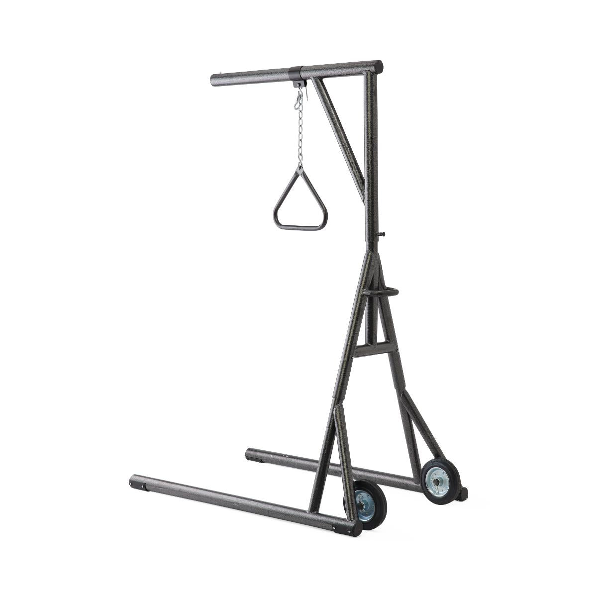 Freestanding bariatric trapeze with chain-hung triangle bar, adjustable metal A-frame stand, and two transport wheels on base