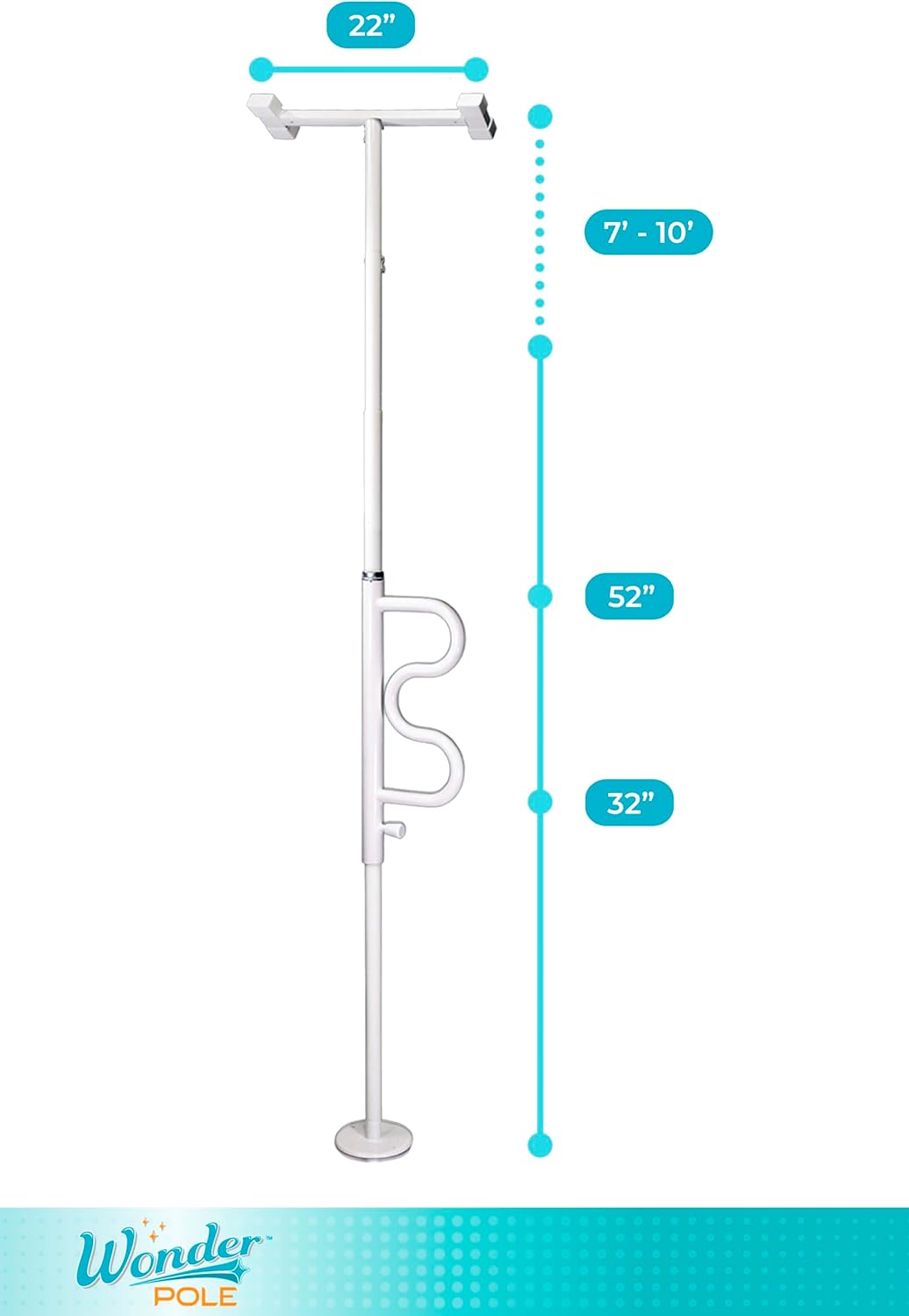 Bathtub security pole and curved grab bar in white with dimension callouts showing height range, grab bar heights, and top
