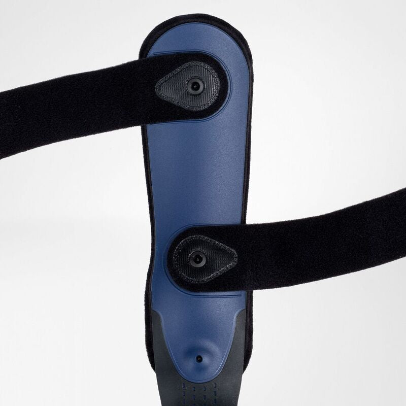 Ankle brace with blue rigid shell, black padded trim, and two adjustable hook-and-loop straps crossing the front panel