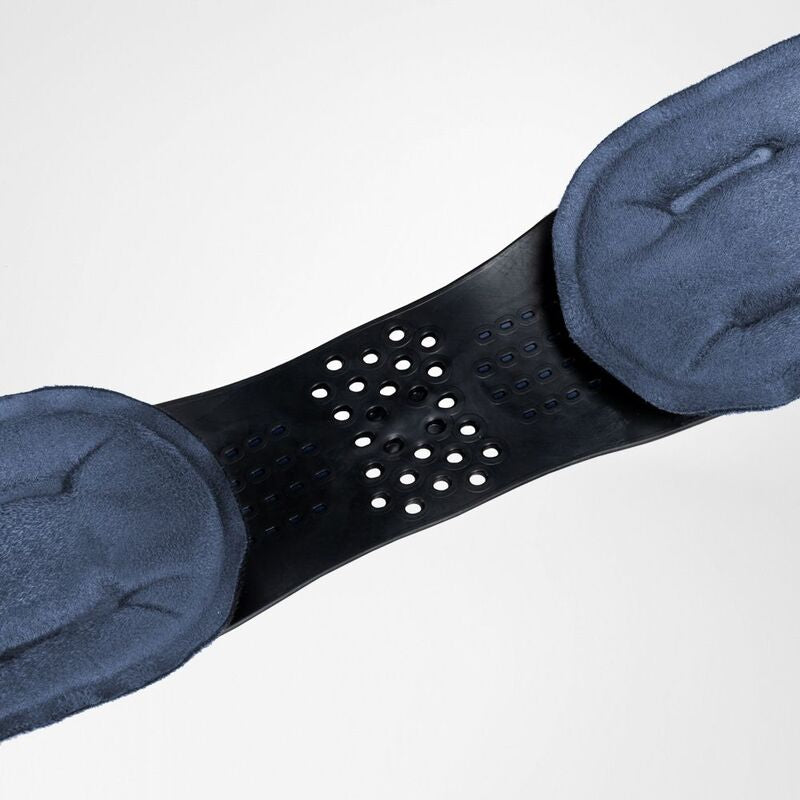 Ankle brace with black perforated plastic shell and two blue padded cushions on a white background