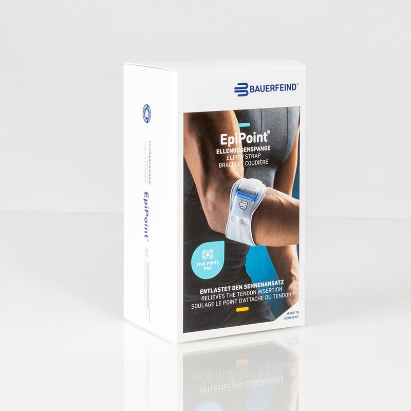 Bauerfeind EpiPoint elbow strap retail box showing the brace worn on a bent elbow, white packaging on light background