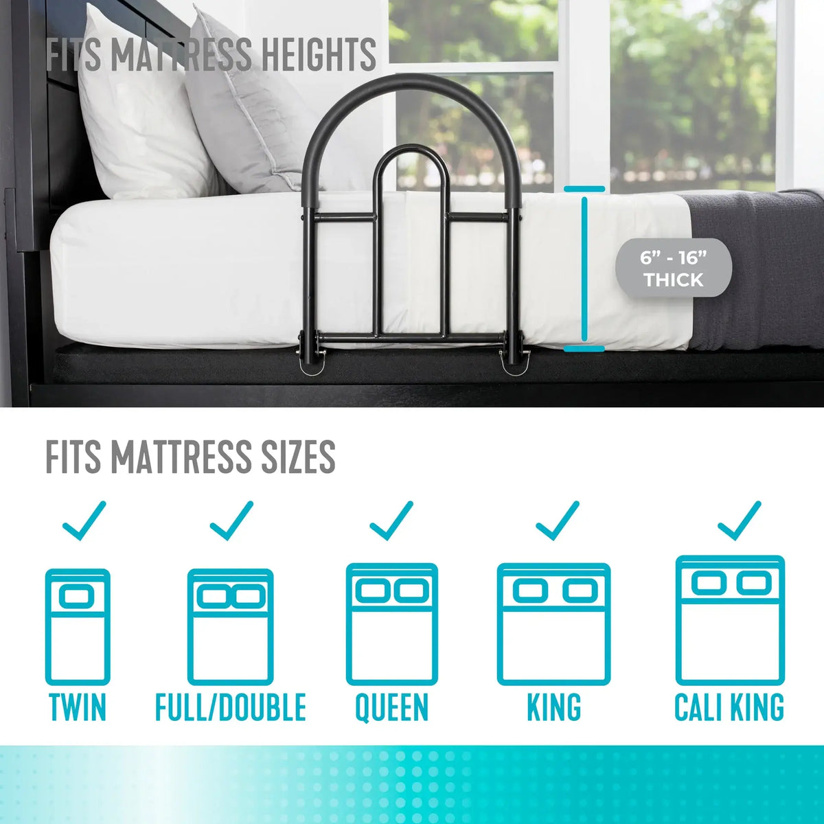 Bed rail with arched black metal frame shown on mattress edge, with compatibility graphics for twin through California king
