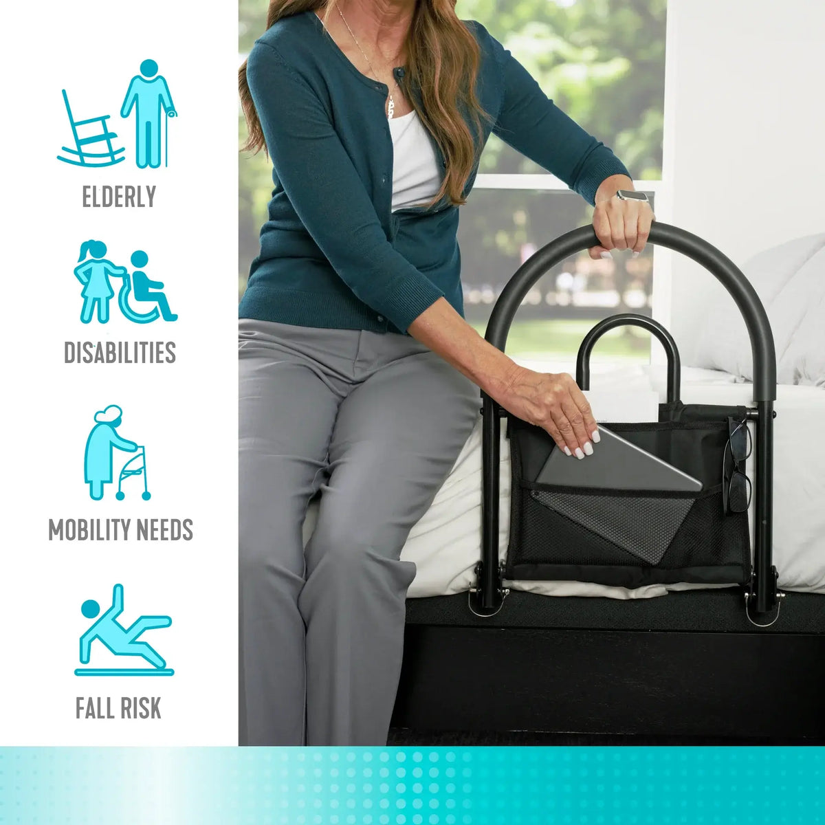 Bed rail with black arched frame and mesh storage pocket, shown with woman sitting on bed edge using the handle for support