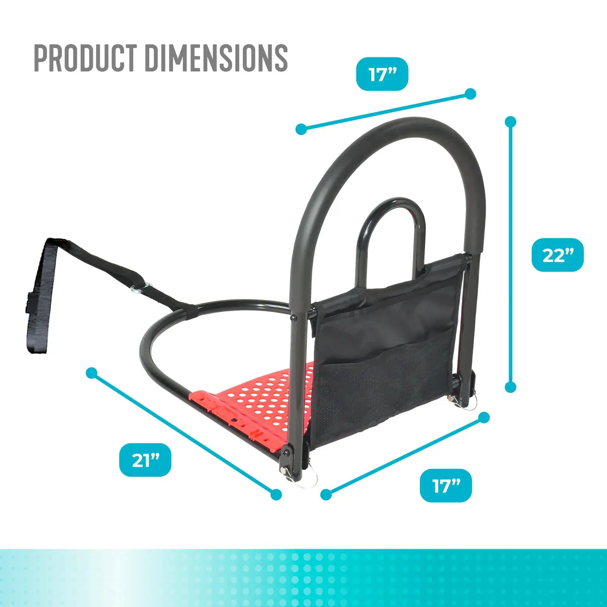 Bed rail with arched gray steel frame, red perforated base platform, black mesh pocket, and strap, shown with dimensions