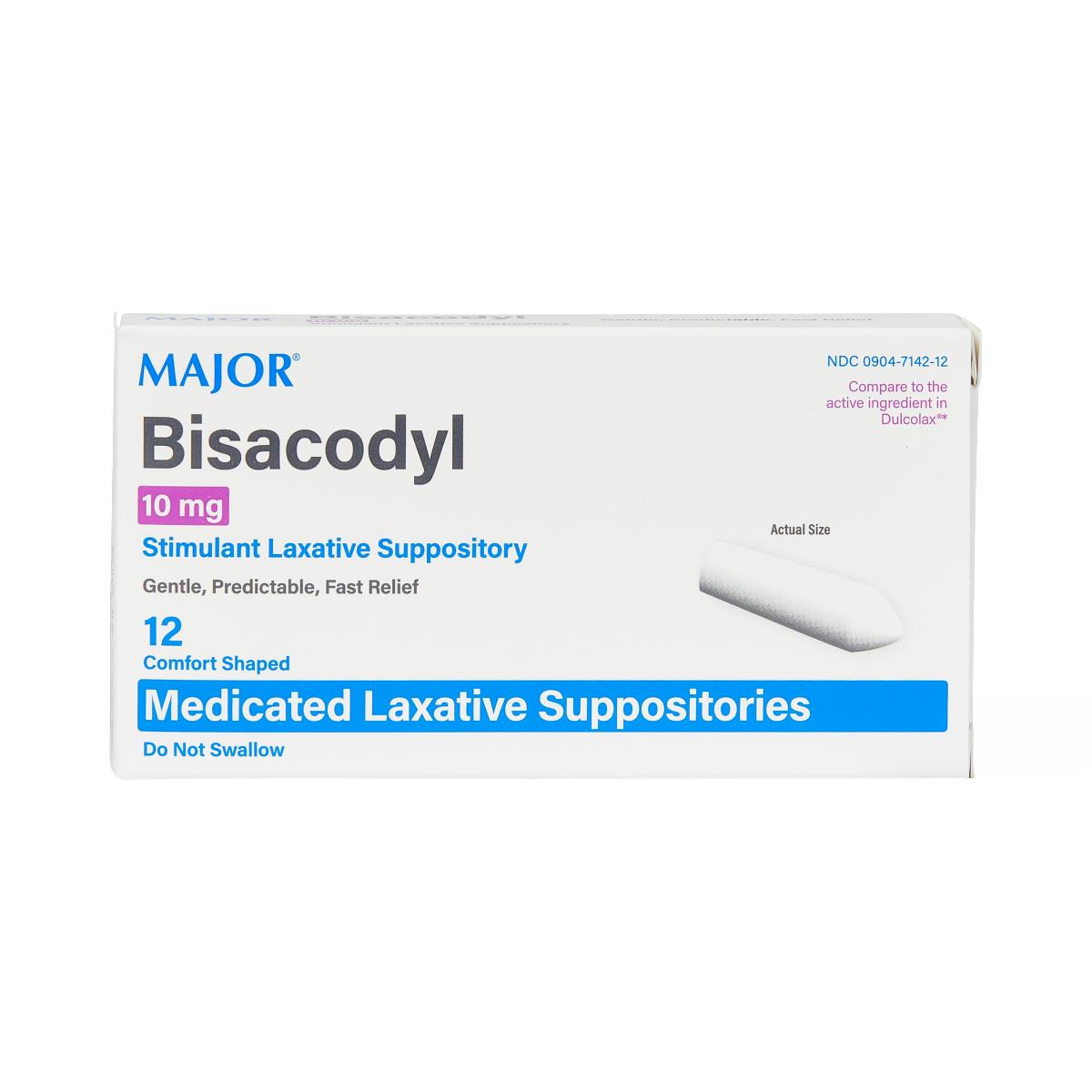 Bisacodyl 10 mg stimulant laxative suppositories box, Major brand, count of 12 comfort-shaped suppositories shown at actual