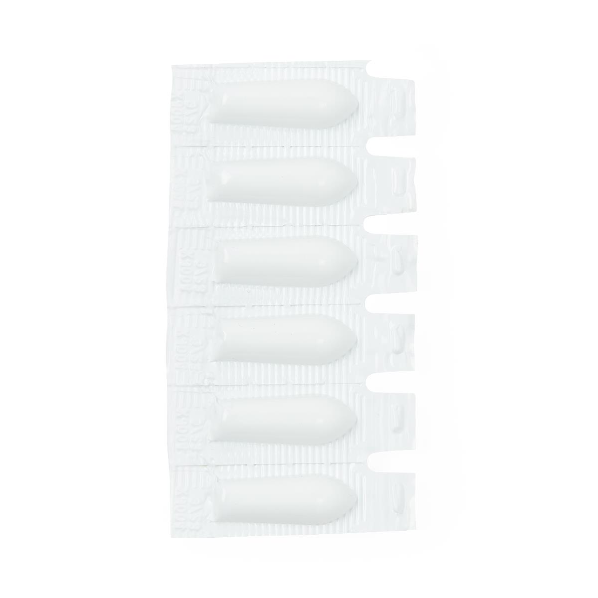 Bisacodyl suppositories in a strip of six individually sealed white blister packs on white background