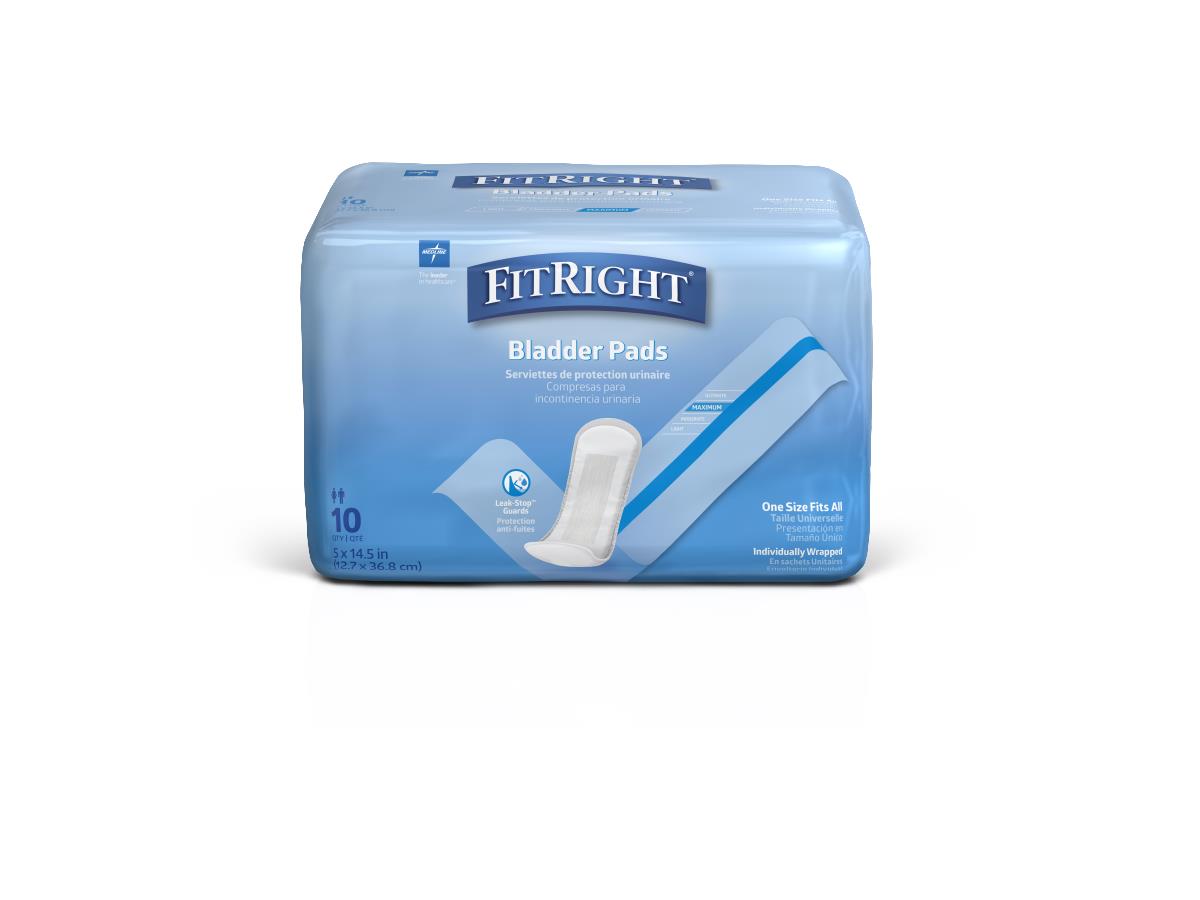 Bladder control pads in light blue FitRight packaging, 10-count, individually wrapped, one size fits all, shown with single