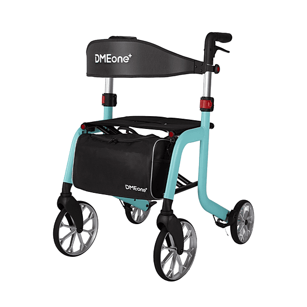 Rollator walker with teal frame, padded seat and backrest, storage bag, and four large wheels with hand brakes