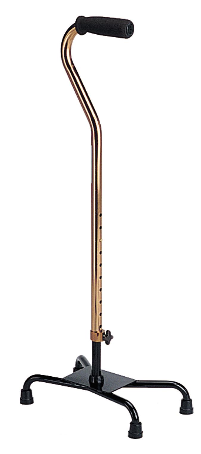 Large base quad cane with gold adjustable shaft, foam handle, and black four-legged base with rubber tips