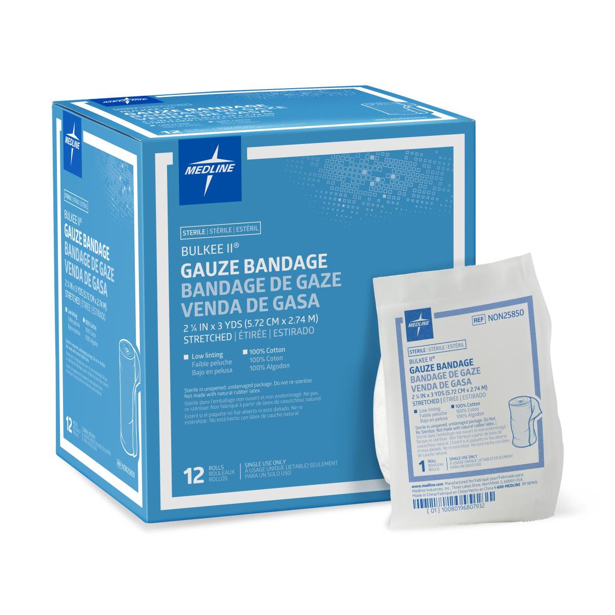 Gauze bandage box of 12 rolls with one individually wrapped sterile roll displayed beside the blue and white packaging