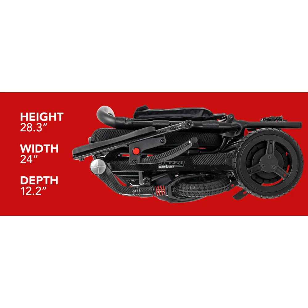 Jazzy Carbon portable power chair shown fully folded from above, with dimensions labeled: 28.3" H x 24" W x 12.2" D