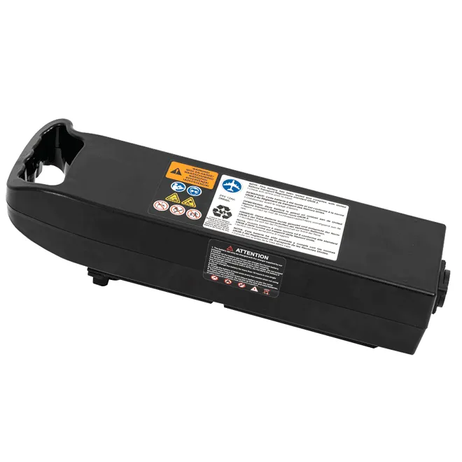 Power chair battery pack in black with warning and attention labels, shown on white background