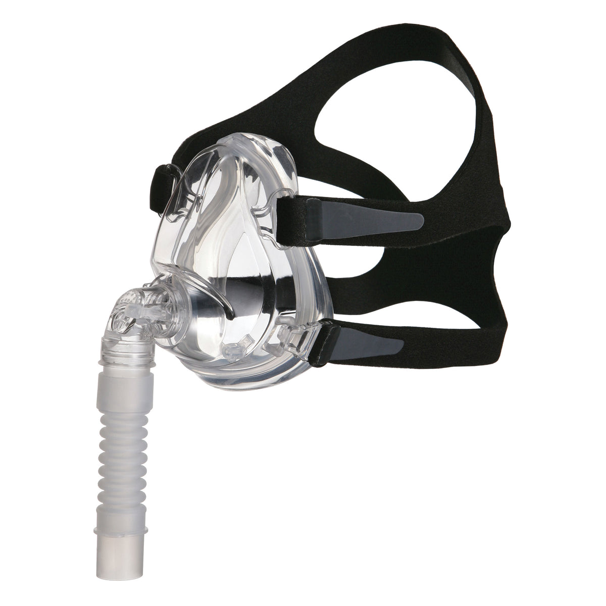 Full face CPAP mask with clear silicone cushion, elbow connector, and black fabric headgear straps on white background