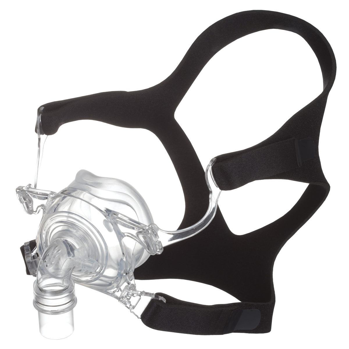 Nasal CPAP mask with clear silicone cushion and frame, black fabric headgear straps, and elbow connector port