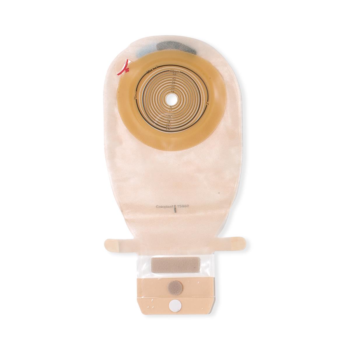 Assura drainable ostomy pouch with cut-to-fit wafer, concentric sizing rings, and drain closure at bottom, shown flat on