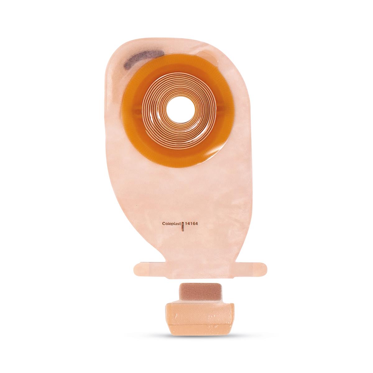Assura drainable ostomy pouch with accordion-style convex skin barrier and integrated drain closure, shown on white