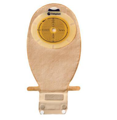 One-piece drainable ostomy pouch with circular adhesive wafer and clip closure, tan fabric exterior, front view on white