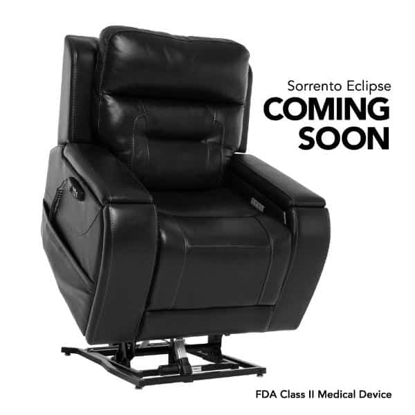 Power lift chair in black leather upholstery with tufted back, side control panel, and metal lift base mechanism, shown in