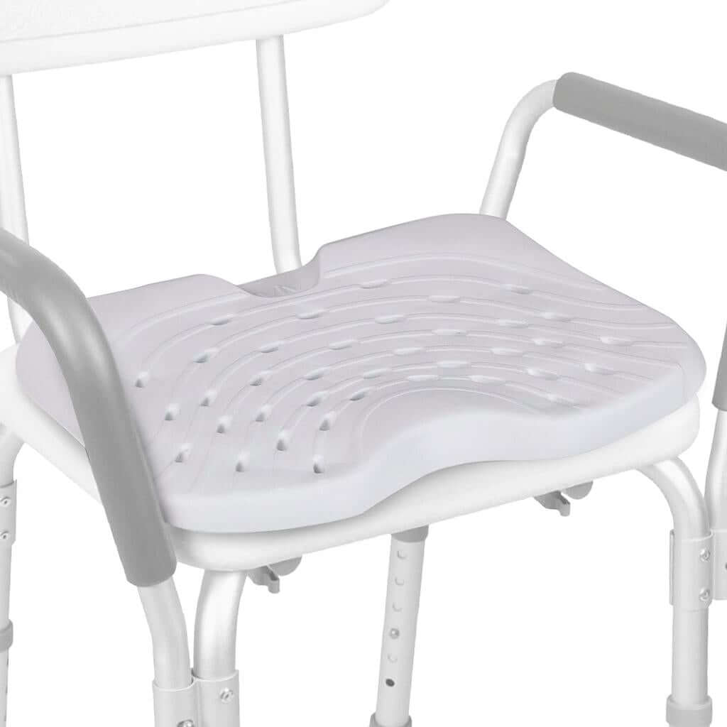 Shower seat cushion with textured non-slip surface and contoured shape, shown fitted on a white aluminum shower chair with