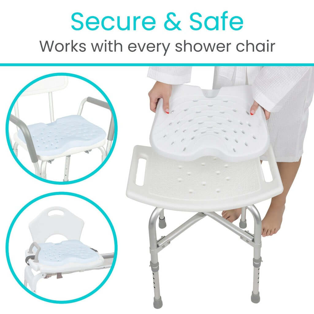 Shower seat cushion being placed onto a white shower chair, with inset circles showing compatibility with two different