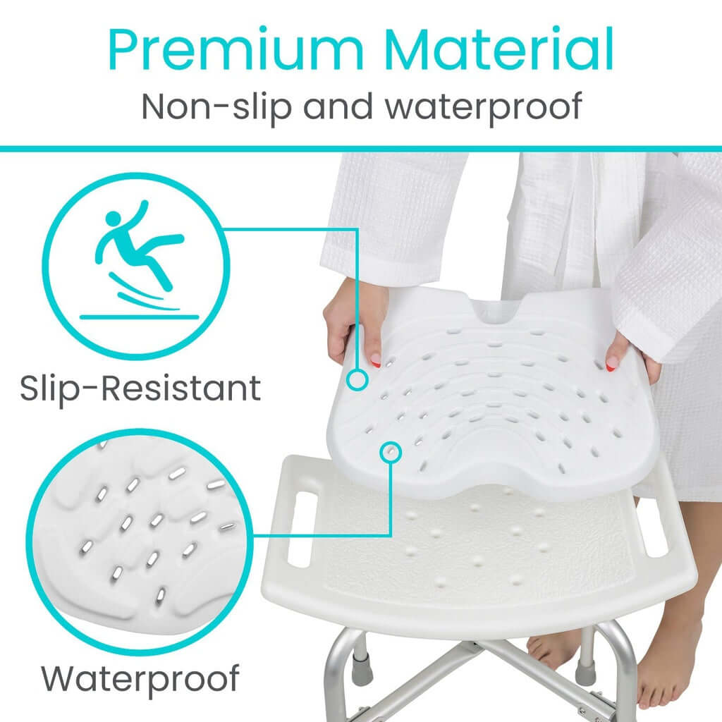Shower seat cushion with textured non-slip surface being placed onto a white bath bench with metal legs