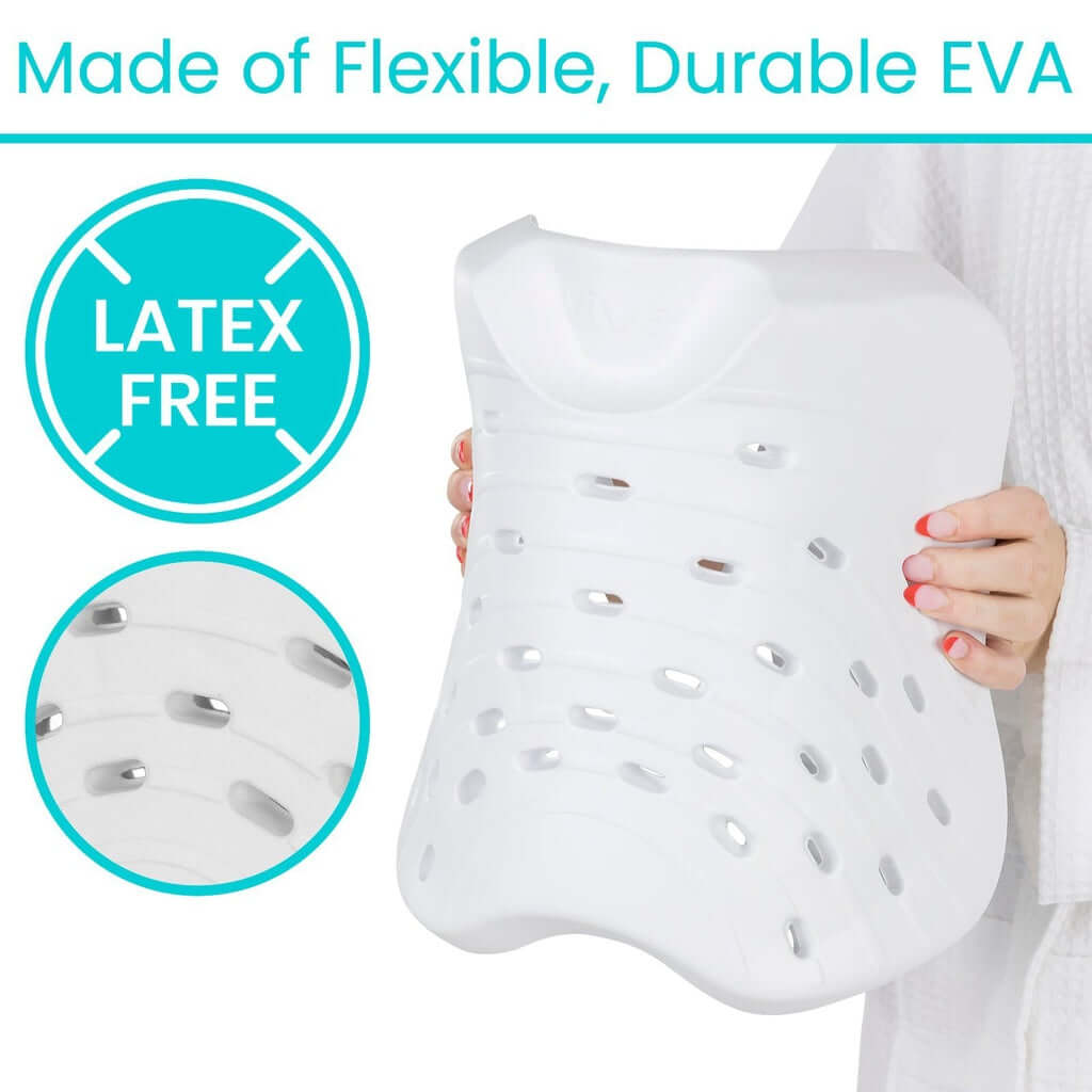 Shower seat cushion in white EVA with ventilation slots, held by a person in a white robe; latex-free badge shown