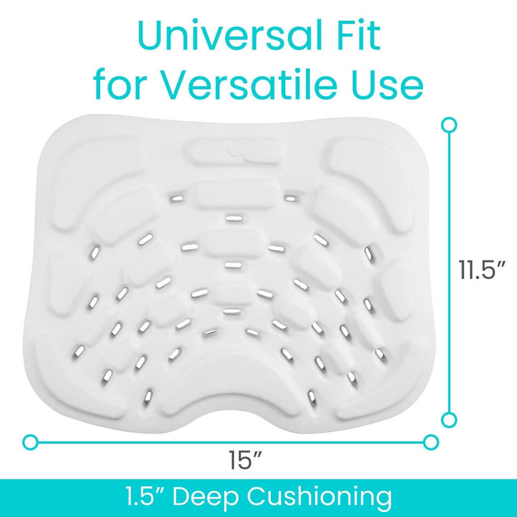 Shower seat cushion in white with ventilation holes, contoured edges, shown with 15" x 11.5" dimensions labeled