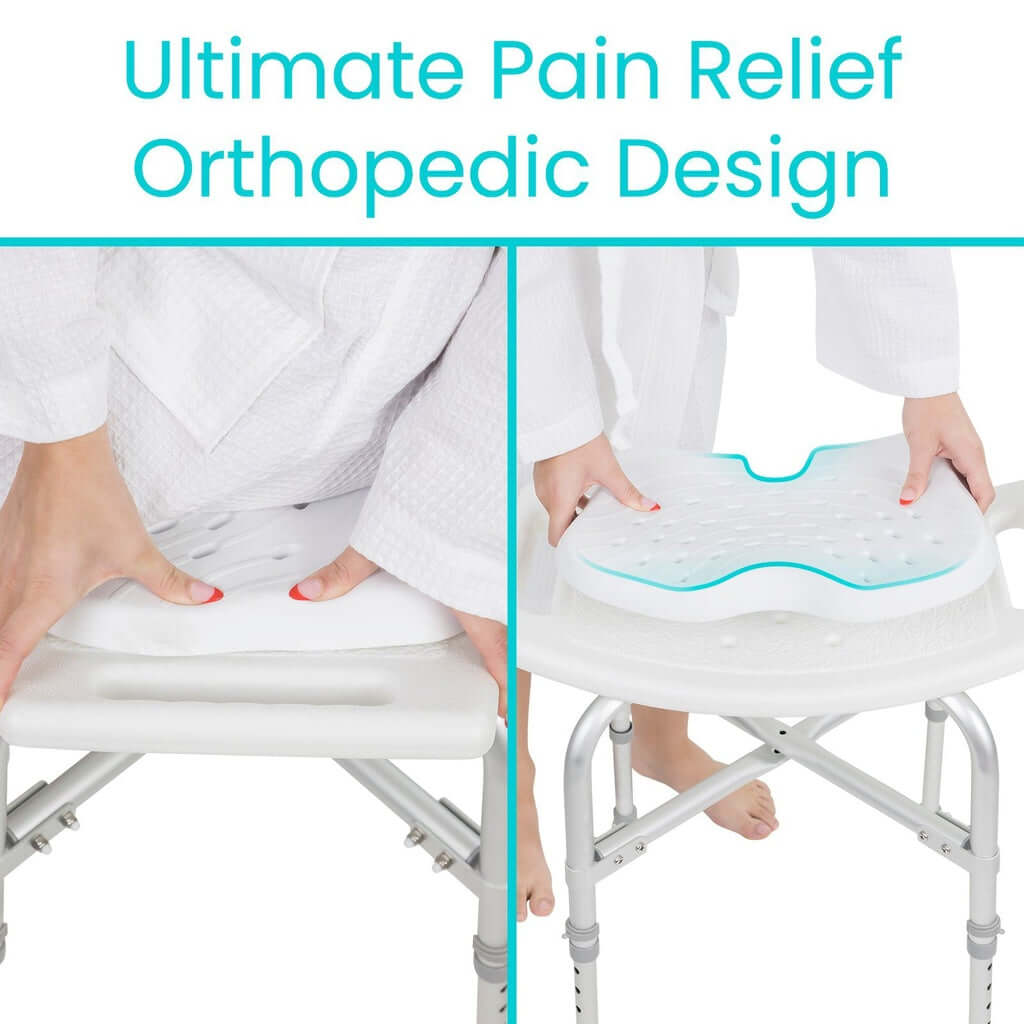 Shower seat cushion with contoured cutout shown seated on aluminum bath chair, side-by-side in-use and detail views