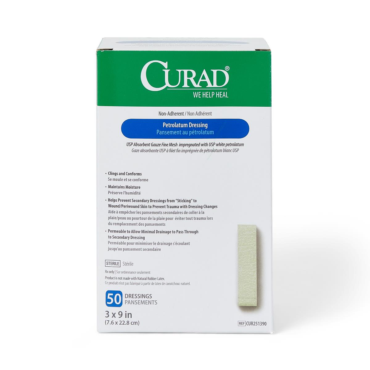 CURAD Petrolatum Gauze Dressing 3x9 Box of 50