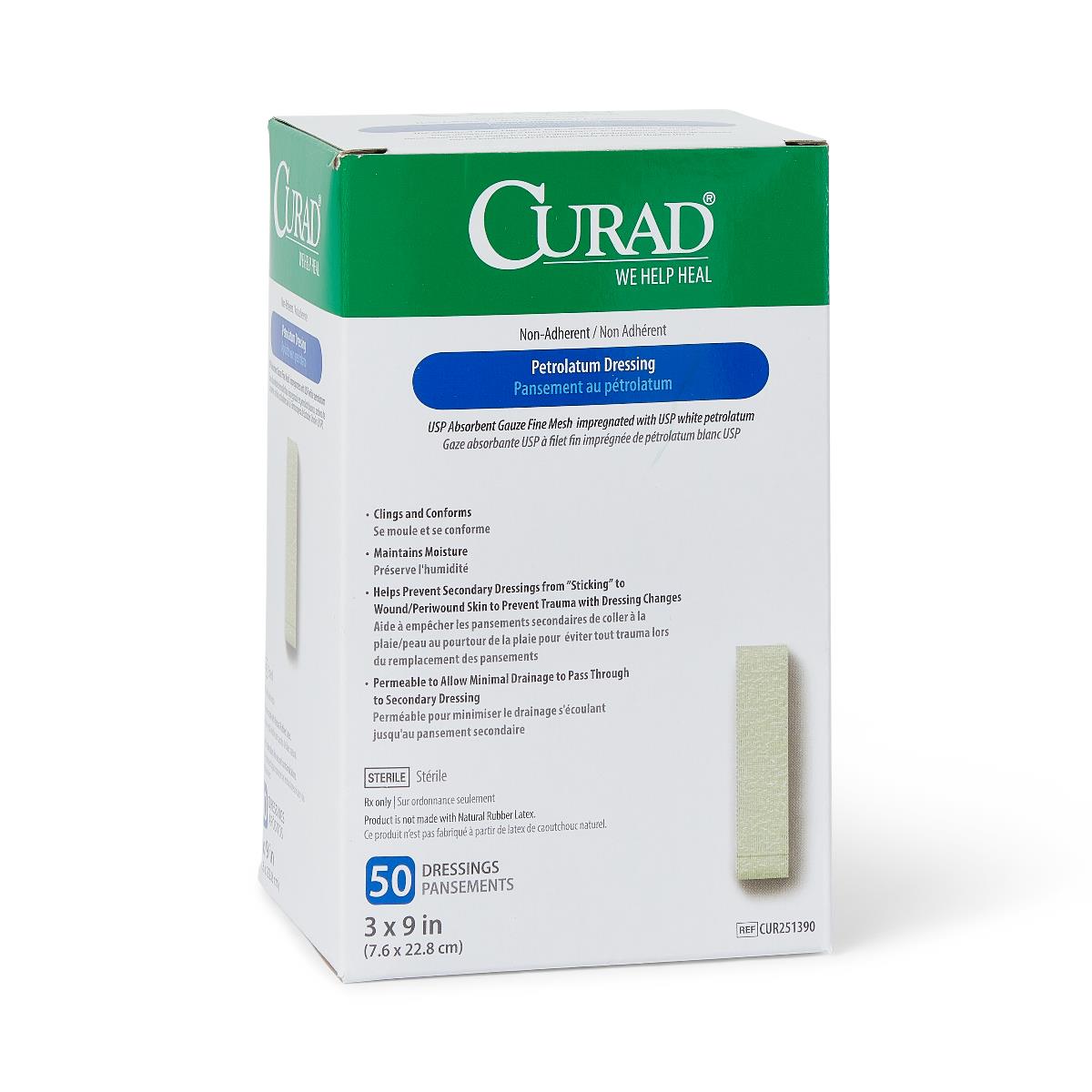 Curad petrolatum gauze dressing box of 50 sterile non-adherent 3x9 inch dressings with green and white packaging