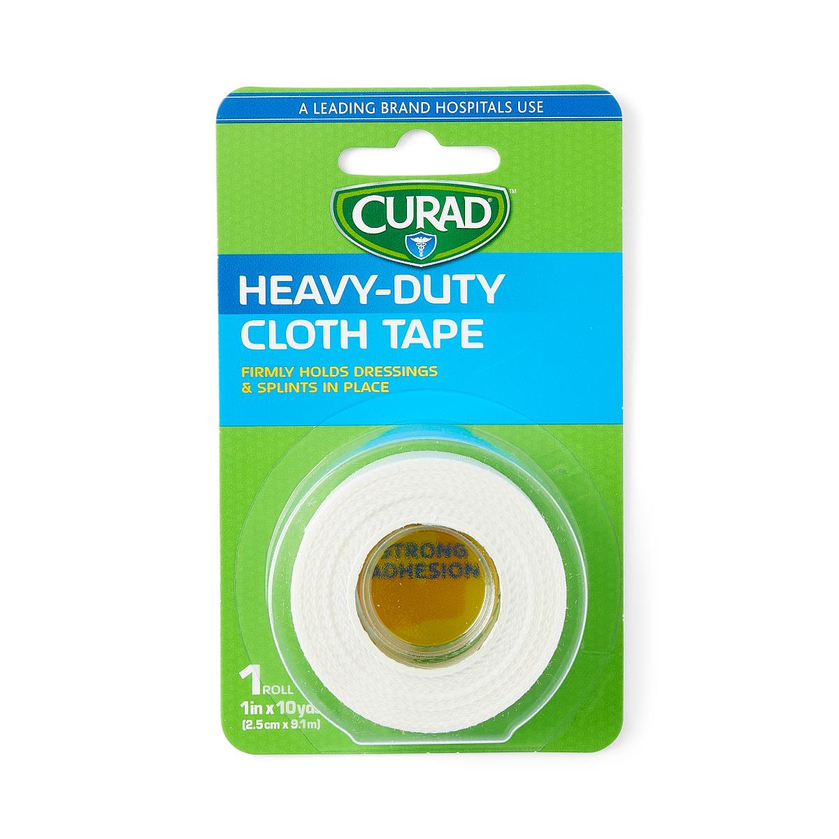 Cloth medical tape roll in green Curad branded packaging, 1 inch x 10 yards, single roll