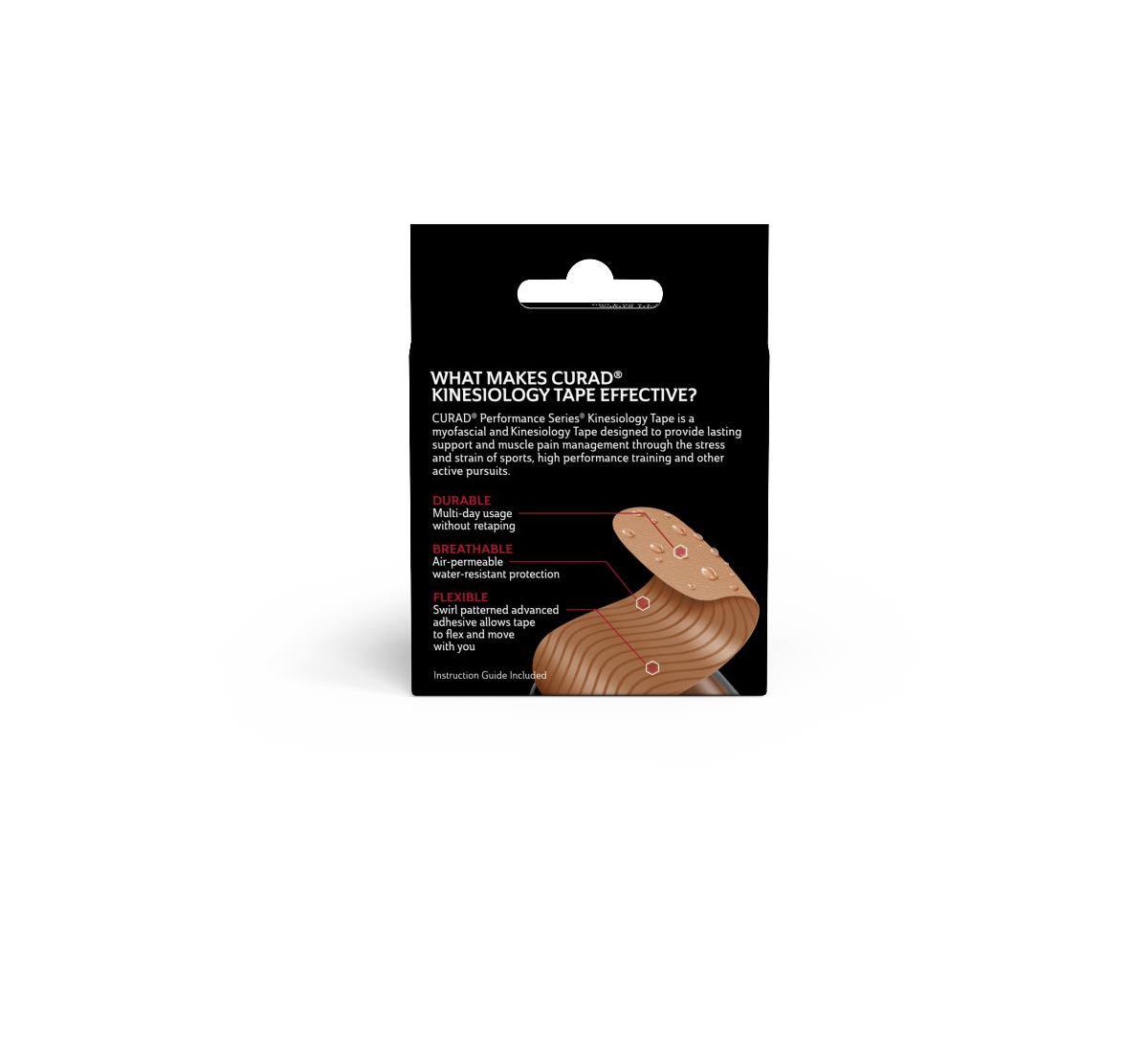 Kinesiology tape back of packaging with black design showing product features and a tan tape roll illustration